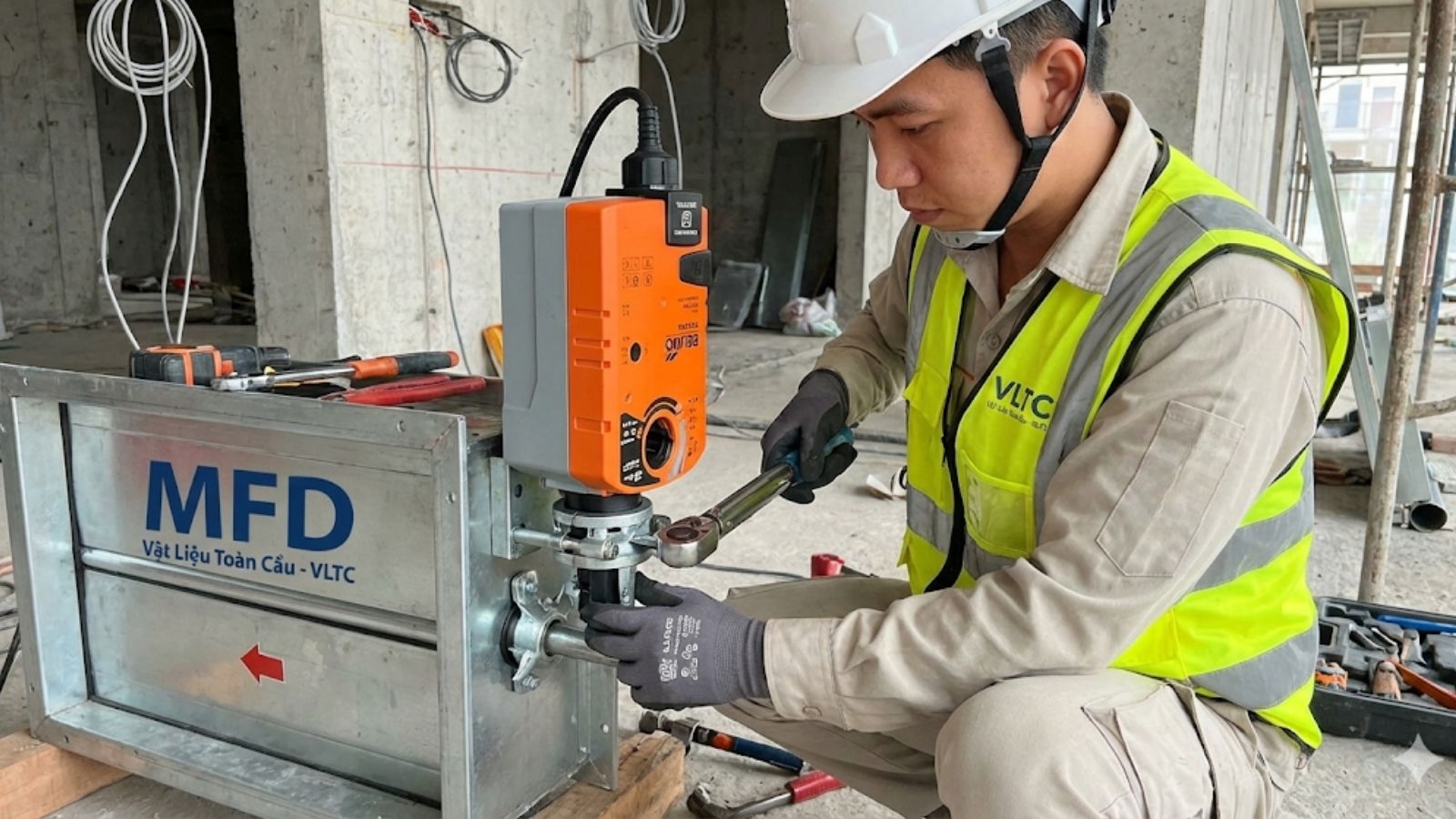 Kỹ thuật viên VLTC lắp đặt động cơ Belimo FSAF24A an toàn trên van chặn lửa