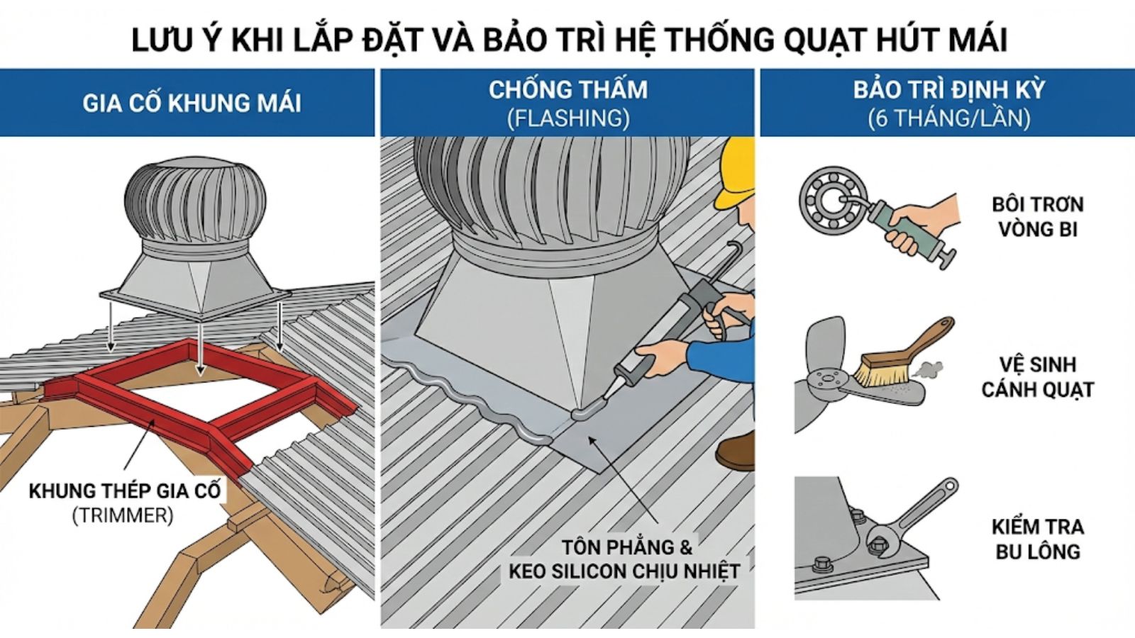 Lưu ý khi lắp đặt và bảo trì hệ thống quạt hút mái